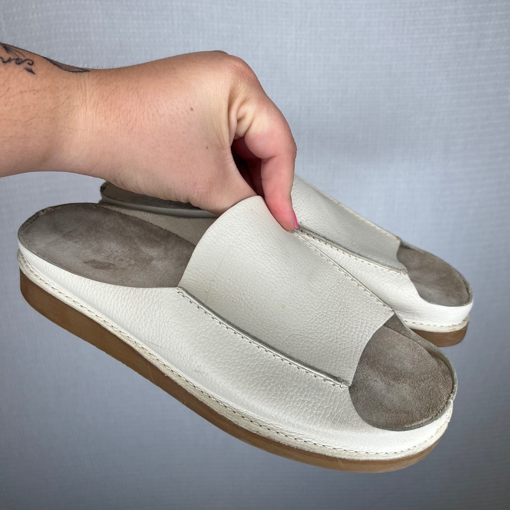 Azaleia Womens 9.5 M Leather Slide Sandals Cream Grey Made in Brazil Platform